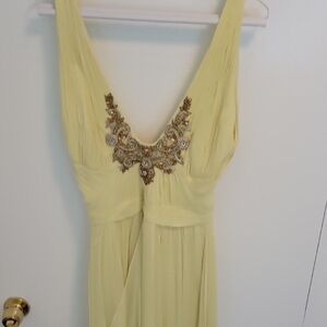 Marchesa Pale Yellow One-Shoulder Evening Gown with Gold Embellishment